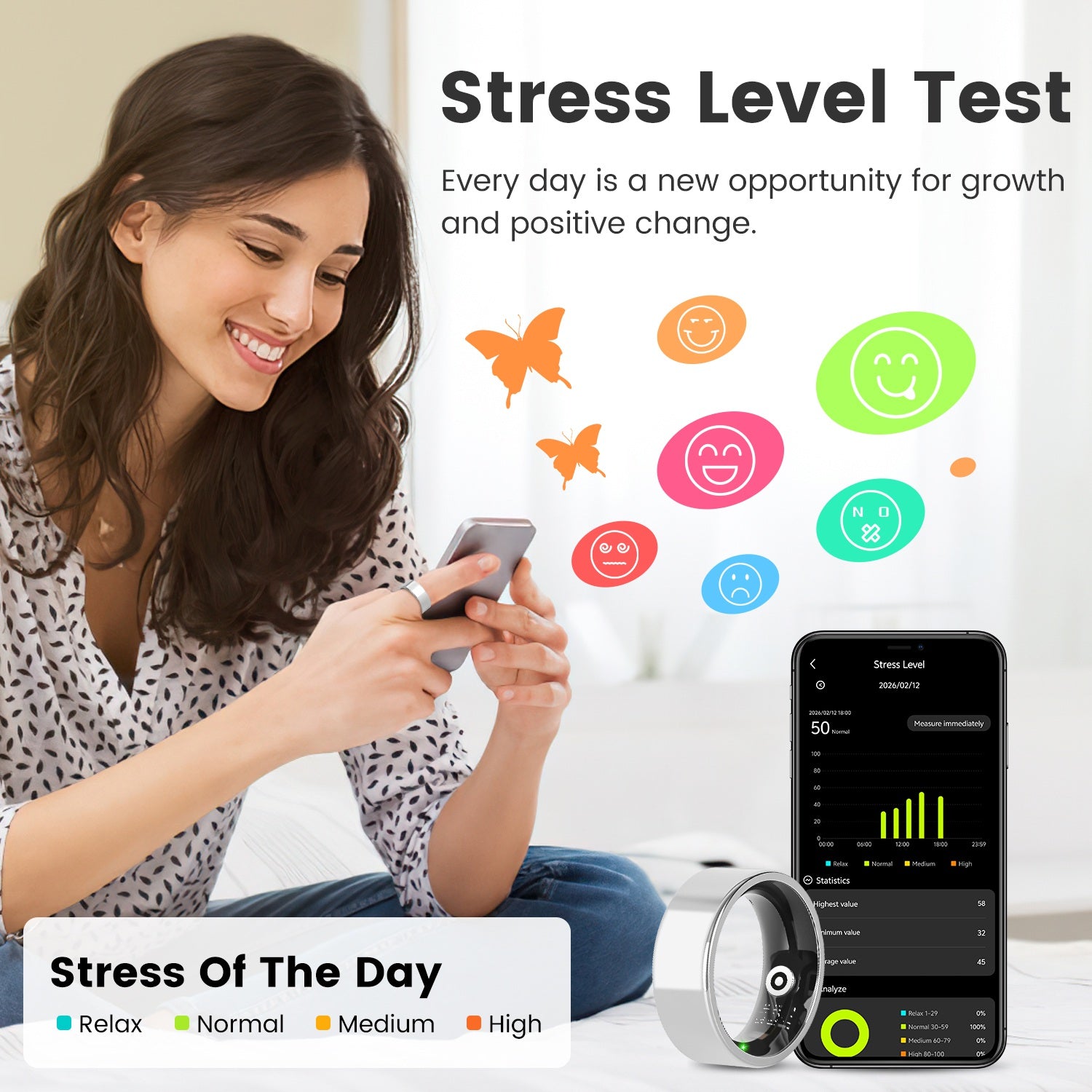 Smart Ring Health Tracker-Fitness ,Sleep ,Stress ,HRV Tracker With Charging Case Compatible With IOS & Android 7-Day Battery Life Size7 Size8 Size9 Size10