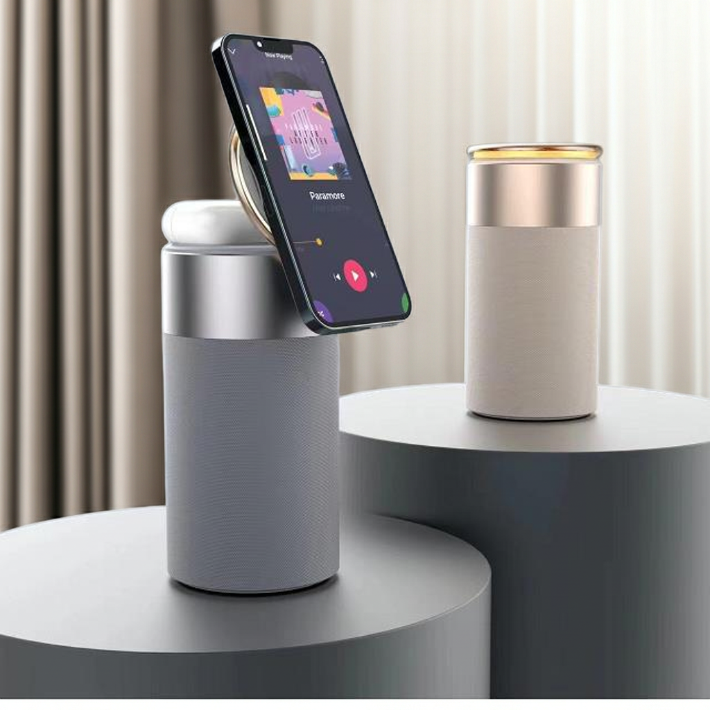 3 In 1 Multi-Function IPhone And AirPods Wireless Charger Portable Bluetooth Speaker With Touch Lamp For Home And Office